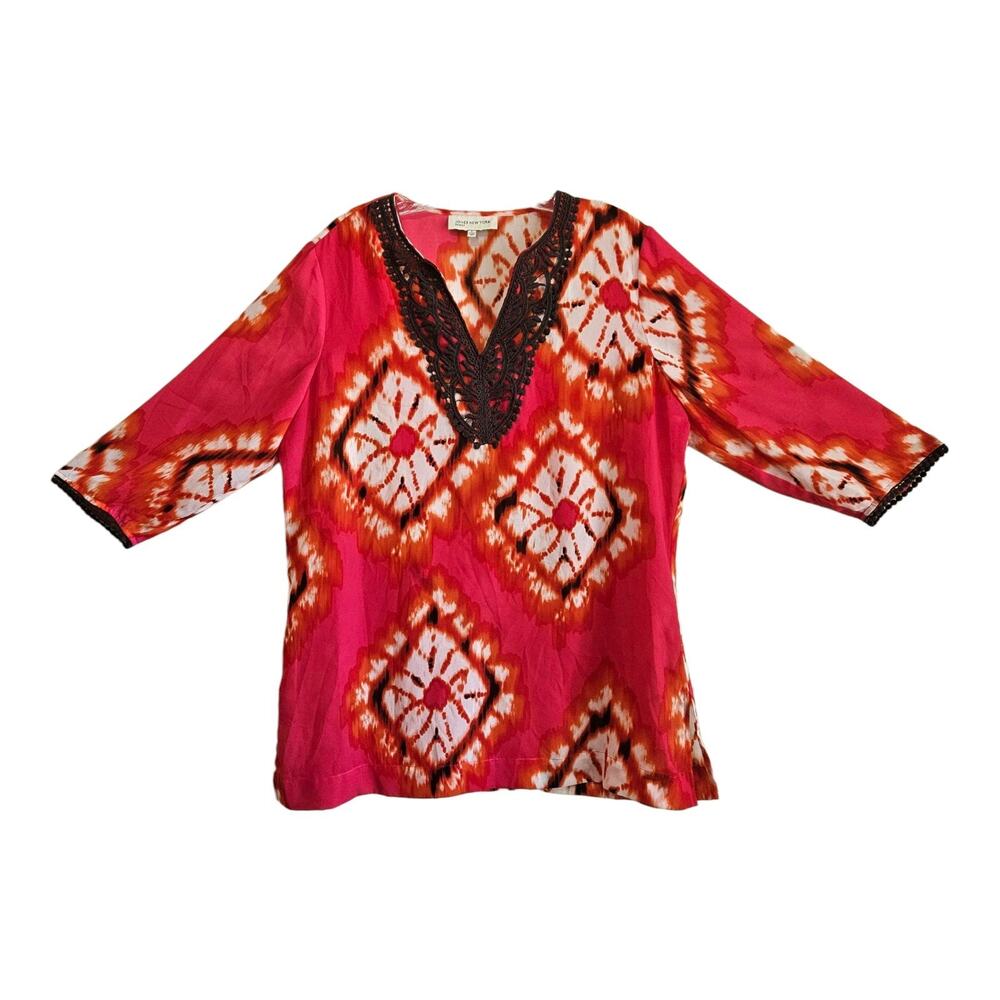 JONES NEW YORK Women's L Tunic Top V-Neck Tie Dye Crochet Trim Pink Orange 42"